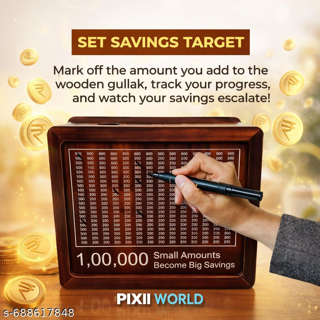 PIXII WORLD Wooden Money Bank | Money Saving Box Wooden | Piggy Bank